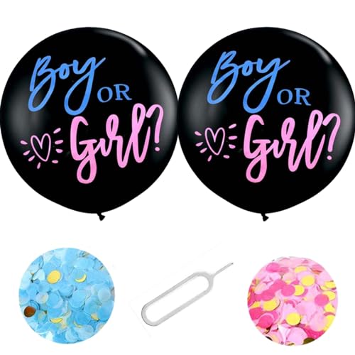 FLG | 2 Stück Gender Reveal Ballon Helium XXL Schwarz mit "Boy or Girl?" Druck - Größe: 90 cm - 2x -Latexballon inklusive Rosa & Blauen Konfetti Geschlechtsenthüllungsfeier inkl. Nadel von FLG FINISH LINE GERMANY