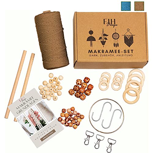 FLH® Makramee Garn Starterset mit Anleitung und Zubehör I Makramee Set I erschaffe tolle Kreationen I Ringe Perlen Stäbe - Tolles Geschenk (Ocker) von FLH