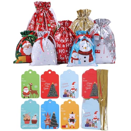 FLKWOP Große Geschenktüten mit Kordelzug, Weihnachtsmann-Design, ideal zum Verpacken von Geschenken, Keksen, Navidad, Süßigkeiten, Beutelgrößen, Geschenkband, Aluminiumbeutel, Urlaub, von FLKWOP