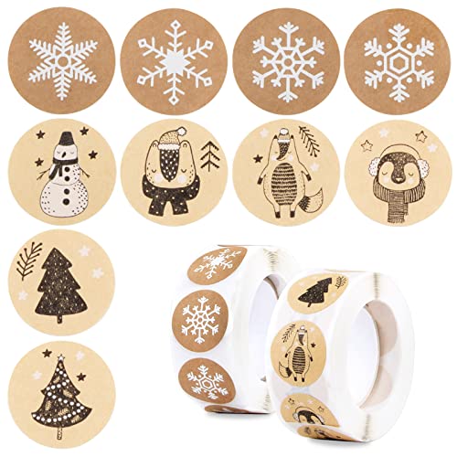 FLOFIA 1000 Stk Weihnachten Aufkleber 2.5CM Rund Etiketten Sticker 2 Rolle Weihnachtsbaum Pinguin Schneemann Sticker Selbstklebend Weihnachtsaufkleber für Geschenkverpackung von FLOFIA