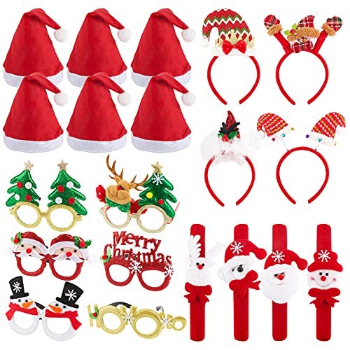 FLOFIA 20 Pcs Weihnachten Kostüm Zubehör 6x Weihnachten Brille Rahmen Lustige Weihnachtsbrillen + 6x Weihnachtsmütze + 4x Schnapp Armband + 4x Stirnbänder für Xmas Party Fotorequisiten von FLOFIA