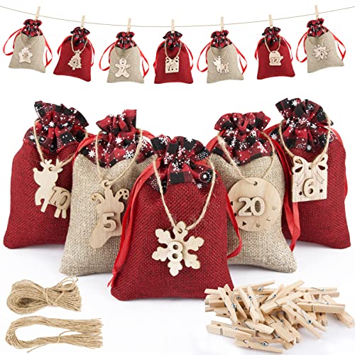 FLOFIA 24 Adventskalender zum Selber Befüllen Jutesäckchen Weihnachten Stoffbeutel mit 24x Holz Adventszahlen & Clips & Jute Schnur Weihnachtskalender Stoffsäckchen Geschenksäckchen von FLOFIA