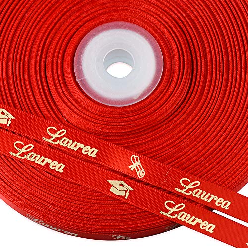 FLOFIA 50 Yards Rolle Satinband 10mm Doppelseitiges Band Goldener Buchstabe "Laurea" Italienisch DIY Dekoration Geschenk Verpackung Accessoire für Schleife Party Handwerk Rot von FLOFIA