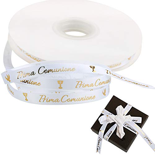 FLOFIA 50 Yards Rollen Satinband 10mm Doppelseitiges Band Goldener Buchstabe "Prima Comunione" in Italienisch DIY Dekoration Geschenk Verpackung Accessoire für Schleife Party Kunsthandwerk Weiß von FLOFIA