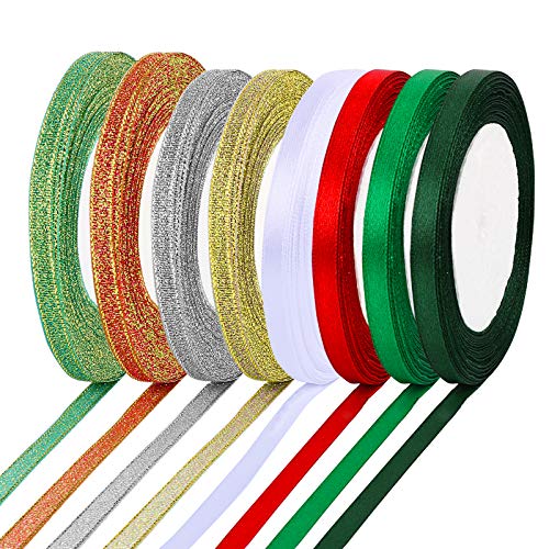 FLOFIA 8 Rolle Satinband Weihnachten 6mm Geschenkband Schmal 25 Yard Schleifenband Stoff zum Basteln Glitzerband Goldband Weihnachten Dekoband 22,8M Geschenkverpackung Rot Grün von FLOFIA