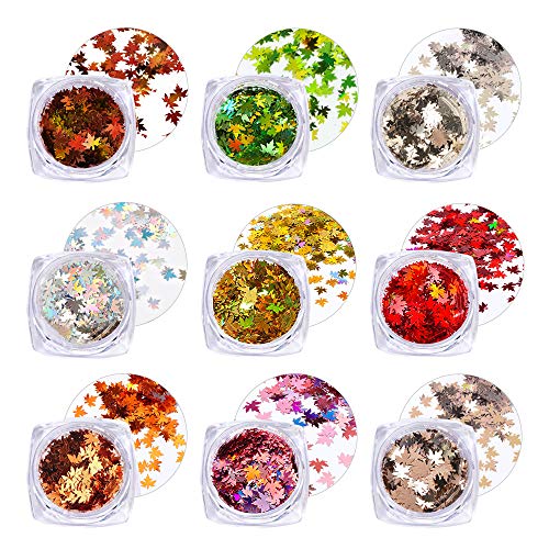 FLOFIA 9 Box Nagel Glitzer Pailletten Ahornblätter Holographische Nagel Glitter Pailletten Gelnagel PET Nail Art Deko Herbst Nageldesign Maniküre von FLOFIA