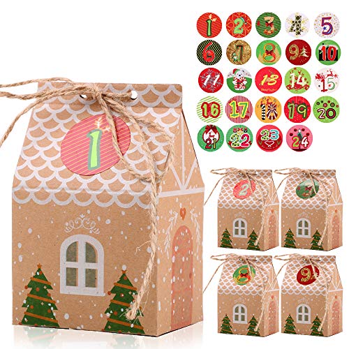 FLOFIA Adventskalender Tüten zum Befüllen 24 Papiertüten Haus mit Advent Zahlen Aufklebern 1-24 Adventskalender Tüten Boxen Set 2024 Weihnachtskalender zum Basteln Weihnachten Geschenkbox von FLOFIA