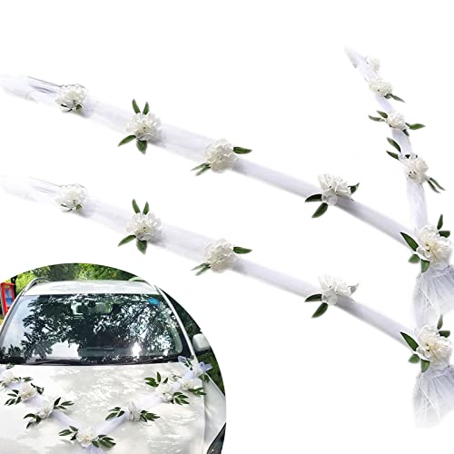 FLOTRUTE 2 Stück Autoschmuck Hochzeit, Autoschmuck Hochzeit Auto Schmuck, Braut Paar Deko Autodeko, Hochzeits Auto Weiß Rose Gaze ndekoration Set, Hochzeit Auto Wedding Deko Girlande Für Hochzeits von FLOTRUTE