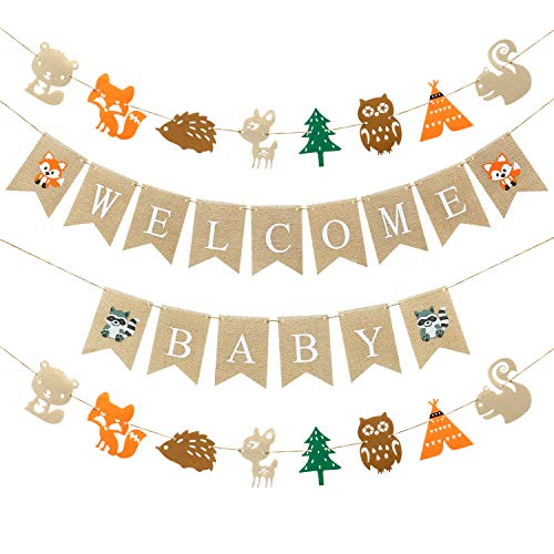 Wald Baby-Dusche Dekorationen Set beinhaltet 1 kleines Welcome Baby Banner und 2 Fuchs Hirsch Eule willkommen Baby; Passend für Babypartygeburtstagsfeier mit Dekorationen Dieser Waldparty-Fahne von FLOTRUTE