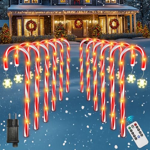 FLSEPAMB 12 Pack Weihnachten Zuckerstangen 8 Beleuchtungsmodi,80 LED Zuckerstangen Beleuchtet Außen mit Schneeflocke,Remote/IP65 Zuckerstangen Lichterkette Aussen,Zuckerstangen Lichterkette im Freien von FLSEPAMB