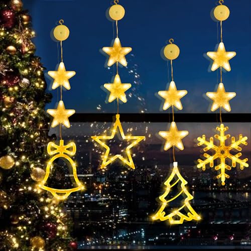 FLSEPAMB 4 Pack Led Sterne Fenster Weihnachten mit Saugnapf,Weihnachtsbeleuchtung mit 3 Sterne,Weihnachtsbeleuchtung Fenster Lichter Deko von FLSEPAMB