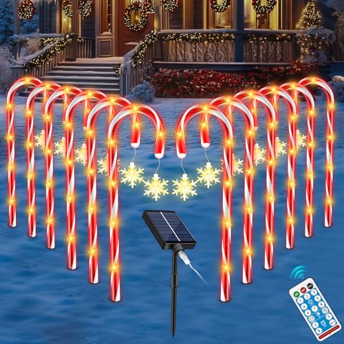 FLSEPAMB 8 Lichtmodi Zuckerstangen Beleuchtet Außen,12 Pack Solar Zuckerstangen Außen mit Schneeflocke,2 Lademodus wasserdichte Zuckerstangen Lichterkette Outdoor,Zuckerstangen Lichter(Solar Powered) von FLSEPAMB