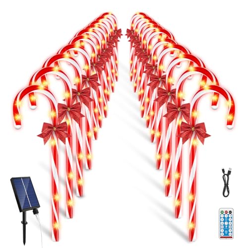 Weihnachten Zuckerstangen Lichter, 20 Pack LED Zuckerstangen Gartenstecker Lichterkette, wasserdichte Lichterkette Außen Dekorationen,Weihnachten im Freien Zuckerstangen Lichter(Solar Powered) von FLSEPAMB