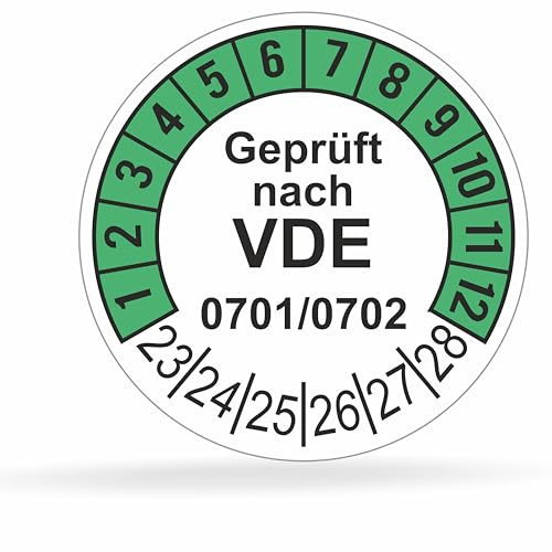 Fluxxx 112 Stk Prüfplaketten "Geprüft nach VDE", 20 mm Ø, Prüfetiketten nach DGUV V3, 2023-2028, selbstklebend, Prüfaufkleber, E-Check Prüfetikett, Plakette für Elektrogeräte (Grün, 1 Bogen) von FLUxxx