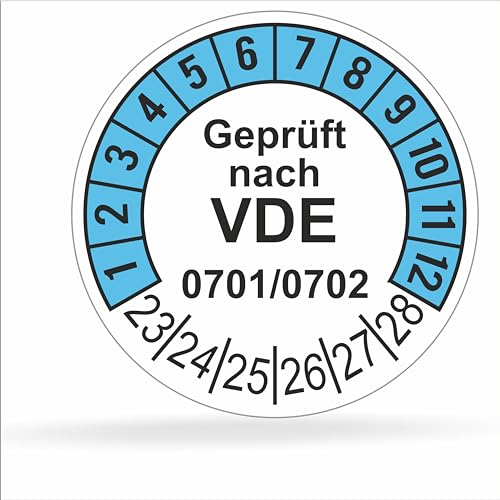 Fluxxx 112 Stk Prüfplaketten "Geprüft nach VDE", 20 mm Ø, Prüfetiketten nach DGUV V3, 2023-2028, selbstklebend, Prüfaufkleber, E-Check Prüfetikett, Plakette für Elektrogeräte (Blau, 1 Bogen) von FLUxxx