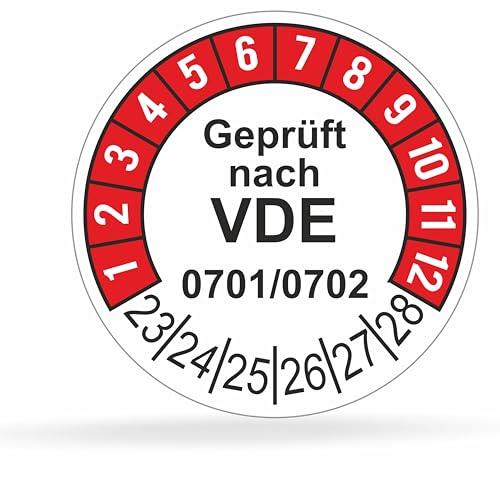 Fluxxx 1120 Stk Prüfplaketten "Geprüft nach VDE", 20 mm Ø, Prüfetiketten nach DGUV V3, 2023-2028, selbstklebend, Prüfaufkleber, E-Check Prüfetikett, Plakette für Elektrogeräte (Rot, 10 Bogen) von FLUxxx