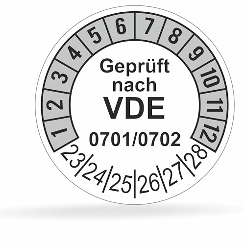 Fluxxx 560 Stk Prüfplaketten "Geprüft nach VDE", 20 mm Ø, Prüfetiketten nach DGUV V3, 2023-2028, selbstklebend, Prüfaufkleber, E-Check Prüfetikett, Plakette für Elektrogeräte (Grau, 5 Bogen) von FLUxxx