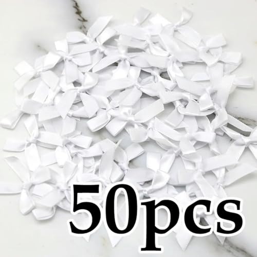 (50 Stück) 4 cm x 4 cm frische Schleifen aus Band, kleine Größe, Polyester-Satinband, Schleife, Blume, Handarbeit, DIY, Basteldekoration, weiß, 4 cm von FLYCHI