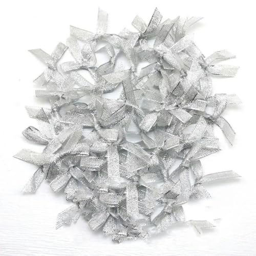 (50 Stück/Packung) 4 x 4 cm frische Schleifen aus Satinband, kleine Schleife aus Satinband, Blumenbasteldekoration, Handarbeit, DIY-Partydekoration, Silber, 4 cm von FLYCHI