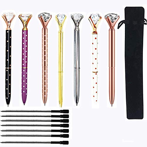 7pcs Diamond Kugelschreiber mit BONUS 7pcs Kugelschreiberminen und schwarzen Samtbeutel， Großer Kristalldiamantstift， Schöner Bling Metall Kugelschreiber für Frauen, Kollegen, Kinder, Mädchen. von YoMaris