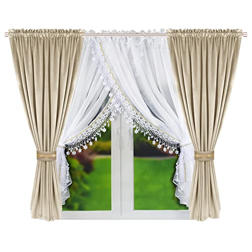 FLYINGCURTAINS 3PCS Gardinen Blickdichte Vorhänge für Wohnzimmer, Weiche Elegante Kurze Vorhänge mit Weißem Tüll Doppel Vorhänge Stabtasche Thermoisolierte Vorhänge für Schlafzimmer Bauernhaus (Creme) von FLYINGCURTAINS