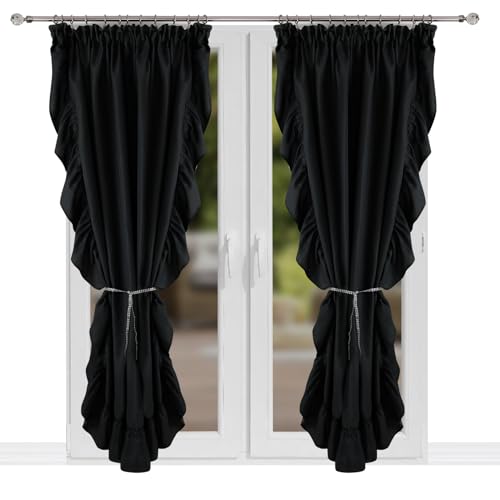 FLYINGCURTAINS - Deko Vorhänge mit Kräuselband in Schwarz, Rüschen-Gardinen Set in Landhausstil, Vorhang mit Raffhalter, 2 Stück, 150 x 250 cm von FLYINGCURTAINS