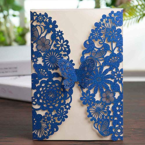 FLZOPYNE 20x Glitter Hochzeitseinladungskarten mit Laser Cut Schmetterling Spitze Blume Design Für Geburtstag sfeier Quinceanera CW5008 (Royal Blue Glitzer, 20 Stück) von FLZOPYNE