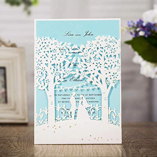 FLZOPYNE 20x Hochzeitseinladungskarten mit Laser Cut Trees Braut und Bräutigam Druckbare Einladungskarten Für Hochzeit Bridal Shower AW7069 (Blau, 20 Pieces) von FLZOPYNE