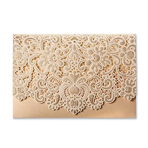 FLZOPYNE 50x Hochzeitseinladungen Horizontale Gold Lasercut Einladungen Karten Kits Mit Hohlen Flora Pearl Papier Begünstigt Blanko Blumen Spitze Design 50 Stücke inkl Umschläge und Aufkleber von FLZOPYNE