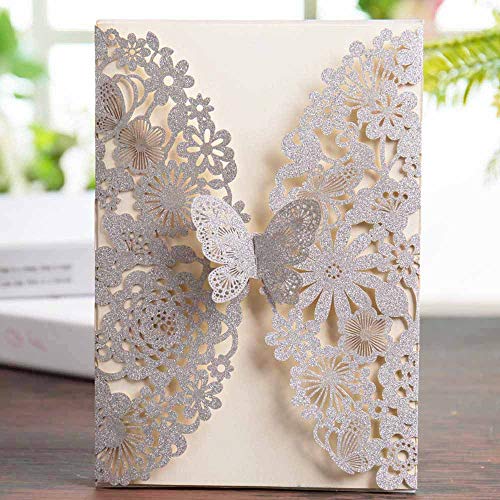 FLZOPYNE 50x Silber Hochzeitseinladungskarten mit Laser Cut Schmetterling Spitze Blume Design Für Geburtstag sfeier Quinceanera CW5008 (Silber Glitzer, 50 Stück) von FLZOPYNE