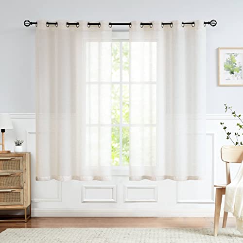 FMFUNCTEX Leinen Gardinen mit Ösen Transparente Beige Vorhang Leinenoptik Vorhänge Landhausstil für Wohnzimmer Schlafzimmer Kinderzimmer 2er Set, 145 x 135 cm (H x B) von FMFUNCTEX