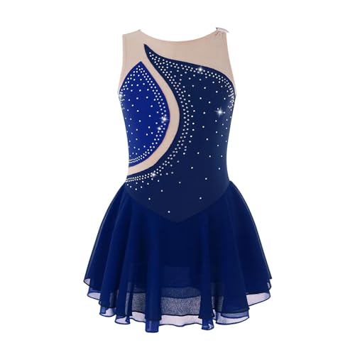 FOBOXCHD Eiskunstlauf Kleid Eiskunstlaufkleid for Kinder, Mädchen, Strass, Netzstoff, Spleiß, ärmellos, Ballettkleid, Gymnastik, Trikot, Performance-Kostüme Eiskunstlauf Kleid Damen(Dark Blue B,8) von FOBOXCHD