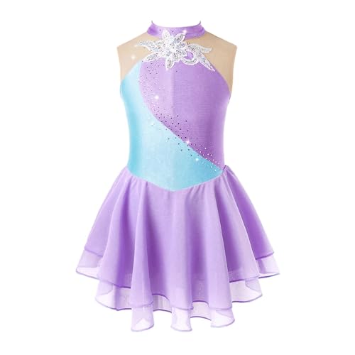 FOBOXCHD Eiskunstlauf Kleid Eiskunstlaufkleid for Kinder, Mädchen, Strass, Netzstoff, Spleiß, ärmellos, Ballettkleid, Gymnastik, Trikot, Performance-Kostüme Eiskunstlauf Kleid Damen(Lavender C,12) von FOBOXCHD