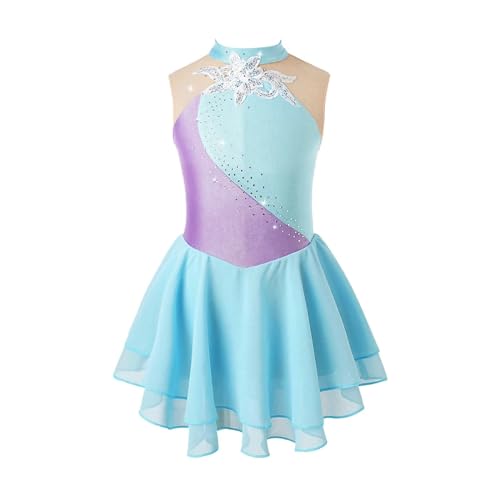 FOBOXCHD Eiskunstlauf Kleid Eiskunstlaufkleid for Kinder, Mädchen, Strass, Netzstoff, Spleiß, ärmellos, Ballettkleid, Gymnastik, Trikot, Performance-Kostüme Eiskunstlauf Kleid Damen(Light Blue C,8) von FOBOXCHD