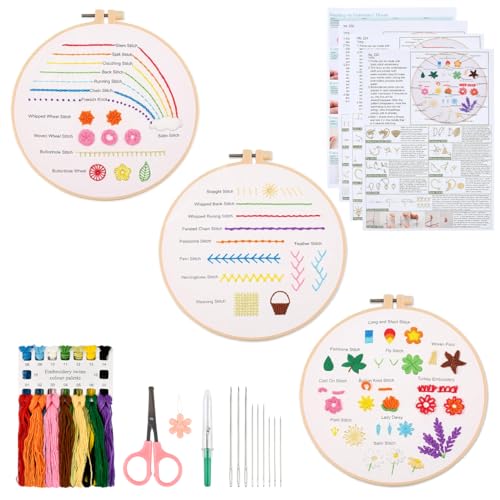 FOCCTS Stickerei-Anfänger-Stich-Übungsset, 3 Stickerei-Starter-Kits, lernen Sie 30 verschiedene Nähtechniken für Bastel-Enthusiasten, um Stoff von Hand zu nähen und Stickfähigkeiten zu erlernen von FOCCTS