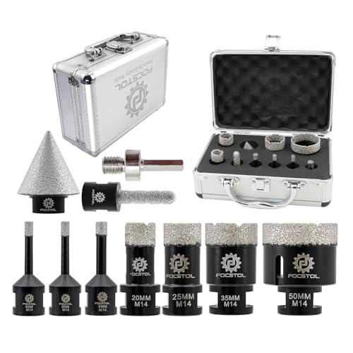 FOCSTOL Diamant Fliesenbohrer Set - 6/6/8/20/25/35/50mm+10mm Fingerfräser+35mm Fasenbohrer+Sechskantschaft Adapter für Porzellan Keramik Fliese Marmor Granit Stein Quarz Packung mit 10 von FOCSTOL