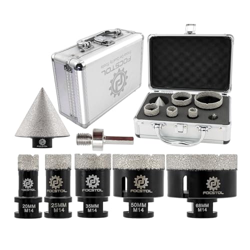 FOCSTOL Diamant Fliesenbohrer Set - 20/25/35/50/68mm+50mm Fasenbohrer+Sechskantschaft Adapter für Porzellan Keramik Fliese Marmor Granit Stein Quarz Packung mit 7 von FOCSTOL