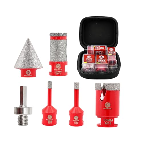 FOCSTOL Diamant Fliesenbohrer Set - 6 Stück (6/8/35mm+25mm Bohren Fingerfräser+35mm Fasenbohrer+Adapter) Diamant Lochsäge Set M14 Gewinde für Porzellan Keramik Fliesen Marmor Granit von FOCSTOL