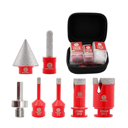 FOCSTOL Diamant Fliesenbohrer Set - 7 Stück (6/8/20/35mm+10mm Fingerfräser+35mm Fasenbohrer+Adapter) Diamant Lochsäge Set M14 Gewinde für Porzellan Keramik Fliesen Marmor Granit von FOCSTOL