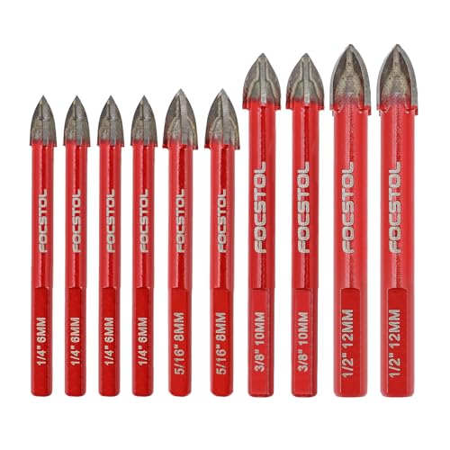 FOCSTOL Fliesenbohrer Set - 10 Stück Hartmetallbohrer mit Dreikantschaft für Holz Kunststoff Mauerwerk Keramikfliesen Beton Marmor (6mm*4+8mm*2+10mm*2+12mm*2) von FOCSTOL