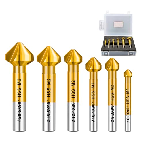 FOCSTOL Kegelsenker Bohrer HSS Set - 90° Titan Senker Bohrer Set mit Rundschaft für Edelstahl Kupfer Aluminium Holz Kunststoff 6 Stück (6,3/8,3/10,4/12,4/16,5/20,5mm) von FOCSTOL