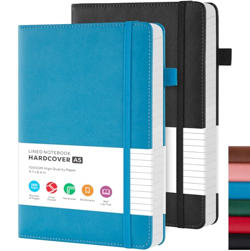 FOCUS DAY Notizbuch A5 Liniert, 2er Pack (Blau und schwarz) Leder Notizblock Notizbücher, Hardcover Journal Buch mit 100 g/m² Premium Papier, Tagebuch für Erwachsene, 14.5 x 21.3 cm von FOCUS DAY