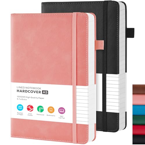 FOCUS DAY Notizbuch A5 Liniert, 2er Pack (rosa und schwarz) Hardcover Journal Buch mit 100 g/m² Premium Papier, Leder Notizblock Notizbücher mit Innere Tasche, 14.5 x 21.3 cm von FOCUS DAY