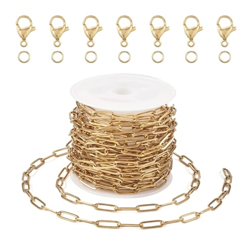 Bunte Kettengliederrollen, bunte Stahlketten, 5 m strukturierte Büroklammerketten aus Edelstahl, Verschlüsse, Biegeringe, Kette, Armband, Halskette, Herstellungsset for DIY-Schmuck, Bastelzubehör(Gold von FOELANNE