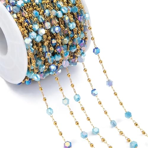 FOELANNE Bunte Kettengliederrollen, Bunte Stahlketten, 1 Meter Kristallperle Edelstahlkette Steinperlen Pulloverkette Zubehör Halskette Armband Schmuckherstellung DIY(Gold Colorblue) von FOELANNE