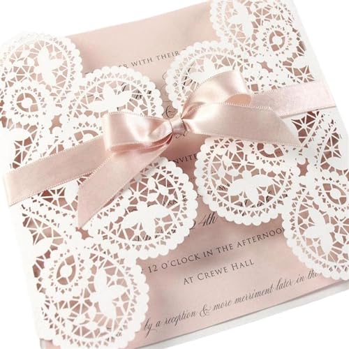 FOELANNE Hochzeit Einladungskarten Party Einladungen, 10 Stück weiße Spitze Rose Gold Bowknot Hochzeitseinladungskarte Floral Pink Verlobung Quinceanera Einladungen for Hochzeit Verlobung Jahrestag von FOELANNE