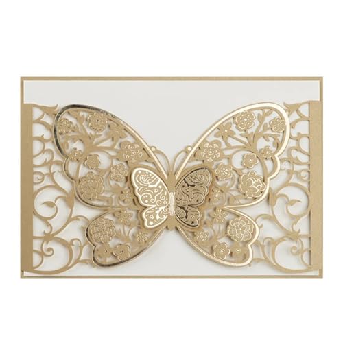 FOELANNE Hochzeit Einladungskarten Party Einladungen, 50 stücke Schmetterling Abdeckungen Party Postkarte Business Gruß Karte Engagement Hochzeit Dekoration for Hochzeit Engagement Jahrestag(Gold) von FOELANNE