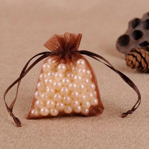 FOELANNE Organza Geschenk Mesh Candy Favour Pouches, 50 Stück 7X9 9X12 10X15 13X18 cm Organzabeutel Schmuckverpackungsbeutel Hochzeit Party Dekoration Geschenkbeutel(Brown,13x18cm) von FOELANNE