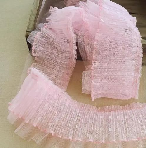 Rüschenband Spitze nähen, 1 Meter plissierter Tüll-Spitzenstoff, 10 cm, Punkt-Spitzenbesatz, Applikation, Kragenband, Nähen, Guipure-Bastelbedarf, Spitze, Blume, Dentelle(Pink) von FOELANNE