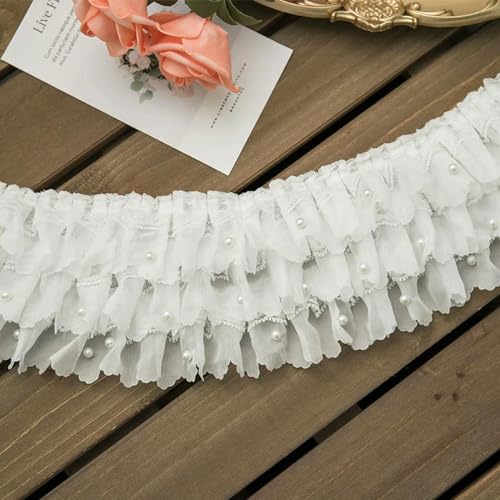 Rüschenband Spitze nähen, 11 cm breit, drei Schichten, 3D-Plissee-Chiffon-Stoff, Spitzenapplikationen, Stickerei, Fransenband, Perlen-Rüschenbesatz, flauschiges Kleid, Nähen von FOELANNE